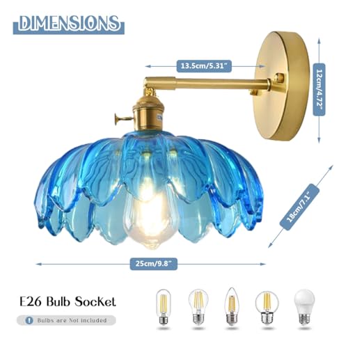 Image of Blue Wall Light Modern Sconces Flower Glass Shade Mid Century Sconce Vintage Bathroom Wall Lamp Black Gold Brass Sconces Fixture Brass Sconce Lighting for Over Mirror Farmhouse Bedroom