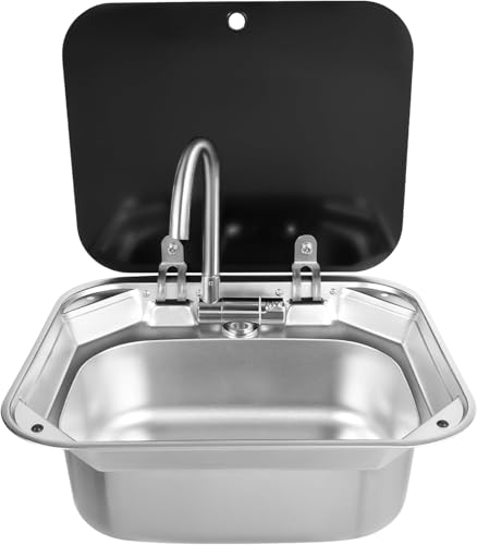 Ensemble de lavabo pour caravane - 41 x 36,5 x 16 cm - Évier de camping à fermeture éclair - En acier inoxydable - Avec robinet d'eau chaude et froide - Couvercle - Évier de camping