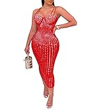 Women See Through Mesh Sexy Dress Hot Sleeveless Rhinestone Bandage Party Dress for Birthday Holiday Sorority Outfits Red