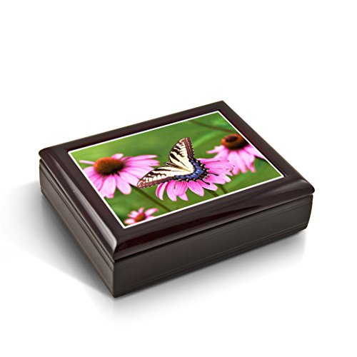 MusicBoxAttic A Gentle Tiger Swallowtail Butterfly and Gerbera Daisies Tile Musical Jewelry Box - Many Songs to Choose - Greensleeves