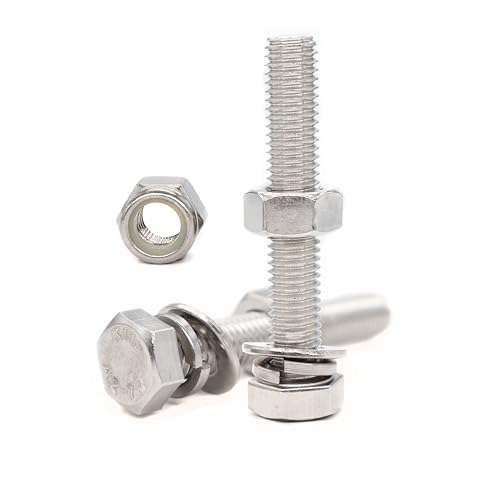 5/16“-18 x 2-1/2" Hex Bolts Washers Nuts Set, 30 Pieces, 304 Stainless Steel, Plain Finish, 5/16"-18 Hex Nuts, 5/16"-18 Nylon Inserted, 5/16" Spring/Flat Washer
