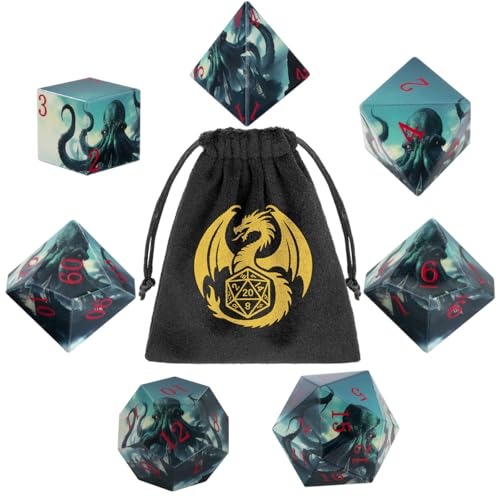 DND Würfel Set Cthulhu Design Polyedrische Würfel für Pen Paper DND Zubehör mit Samtbeutel für Spieleabende und Tabletop Tournaments für Pathfinder und Rollenspiele Geschenk für Tabletop Spieler