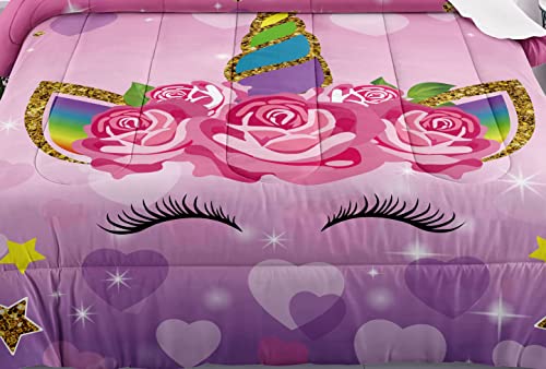 Bducok Unicorn Comforter Set Cute Flower Unicorn Kids Bedding Golden Ears Unicorn Bedding Purple Bedroom Decor For Teen Girls Kids And Women (Full Size, 1 Comforter 2 Pillow Cases) #TOP2