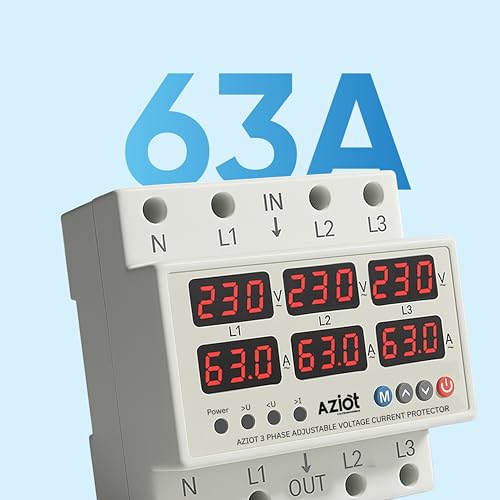 Image of AZIOT 3-Phase Automatic Over /Under Voltage Protector 63A, 230VAC - Overcurrent, Phase-Loss & Imbalance Protection With Auto-Reconnect Function