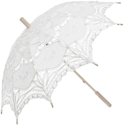Parapluie de mariage contre le soleil éclatant en dentelle blanche avec manche bois