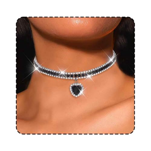 CLOACE Rhinestone Choker Necklace Heart Pendant Diamond Row Necklaces Sparkly Crystal Prom Chain Jewerly Accessories for Women