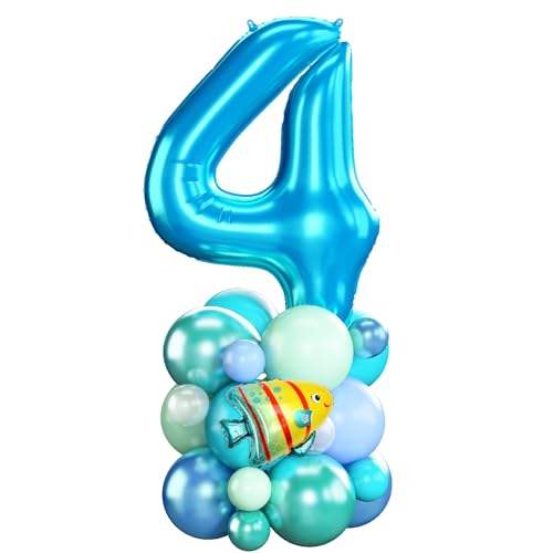 Image of 40 Inch Number 4 Balloon Blue Ocean Under the Sea Number Four Foil Balloons Tower with Shark Bubble Fish for Boys 4th Birthday Party Decor Blue Green Underwater Digital Aluminum Balloons Stack