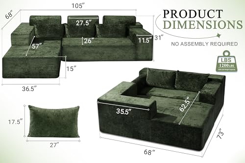 Image of HABUTWAY 105 inch L-Shape Modular Sectional Sofa Couch for Living Room,No Assembly Required,Modular Comfy Sofa with Deep Seat for Living Room Bedroom,Luxury Distressed Velvet(Left,Green)