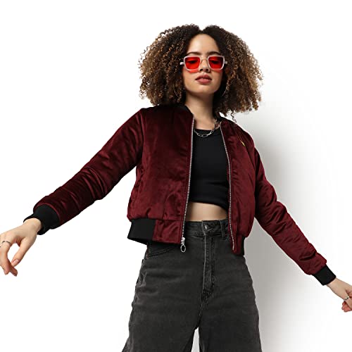 Image of Campus Sutra Women's Puffer Regular Fit Bomber Jacket for Winter Wear | Standing Collar | Full Sleeve | Zipper | Casual Jacket for Woman & Girl | Western Stylish Jacket for Women