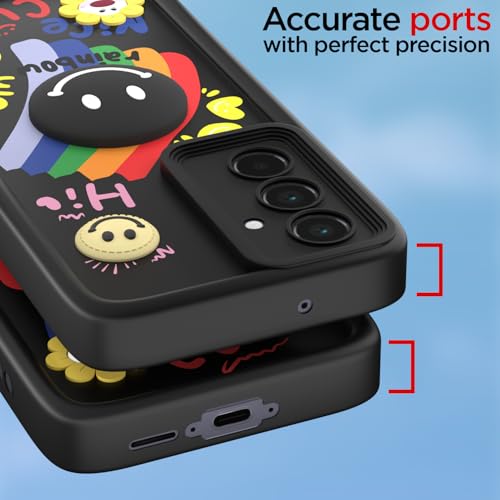 Image of Pikkme Back Cover for Samsung Galaxy A55 5G | Soft Silicone| Cute Rainbow Smile & 3D Cartoon Flower Design | Shockproof Raised Camera Protection Bumper Case (Black)