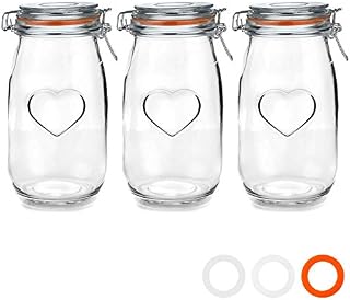 Nicola Spring Heart Glass Storage Jars with Airtight Clip Lid - 1.5L Set - Orange Seal - Pack of 3