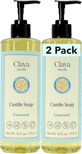 Image of Claya Unscented Liquid Castile Soap Organic Ingredients, Biodegradable, Gentle for Sensitive Skin and Versatile Use (2 Pack of 16 fl oz (Pump Cap))