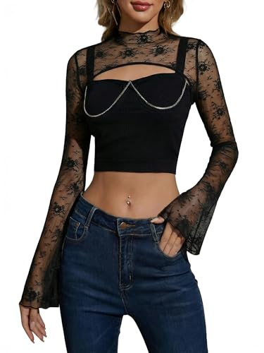 Image of JOKELAMB Women's Lace Mesh Bolero Shrug, Long Sleeve Crop Cardigan | Lace, Long Sleeve, Y2K, Floral,Adds Elegant Arm Coverage for Camisoles Dresses