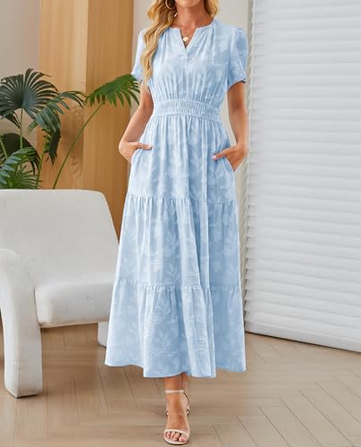 Image of Women's Maxi Dresses Boho Burnout V Neck Short Puff Sleeve Smocked Empire Waist Long Wedding Guest Semi Formal Dress Pockets
