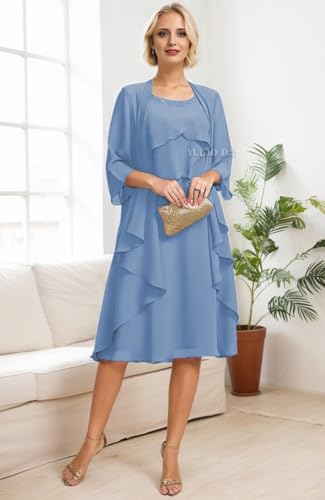 2 Pieces Mother of The Bride Dresses for Women Tiered Chiffon Knee Length Formal Wedding Guest Gowns with Jacket2