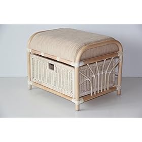 Krit Handmade Rattan Wicker Ottoman Footstool Pouf Stool w/Basket w/Cushion Color White Wash