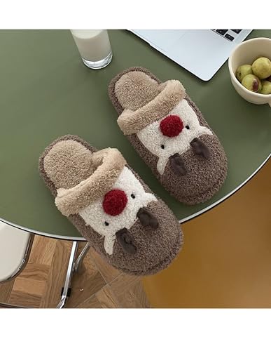 Women's Christmas Reindeer Fuzzy Cute Warm House Slippers Stuffed Animal Bedroom Indoor Shoes3