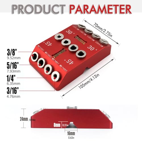 Kopinma Bohrführung mit 30/45/90° Abgewinkelten/Gerade Löchern, 4 Größen, Bohrlehre, Aluminiumlegierung, Bohrführungslehre, 30/45/90° Abgewinkelte/Gerade Löcher für die Holzbearbeitung