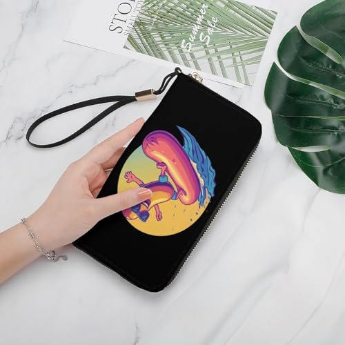 Surf Sausage Surfing Lover Women's Leather Clutch Wallet with Zip Card Holder Hand Strap Large Capacity4