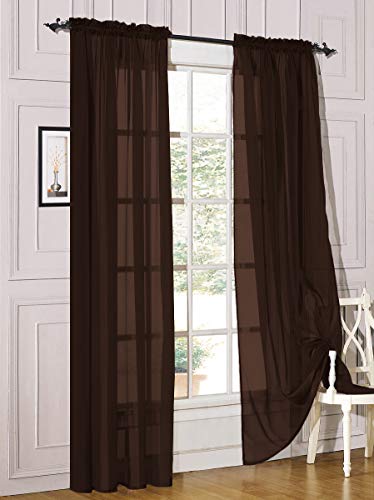 Decotex 2 Piece Sheer Voile Light Filtering Rod Pocket Window Curtain Panel Drape Set Available in a Variety of Sizes and Colors (54" X 45", Chocolate)