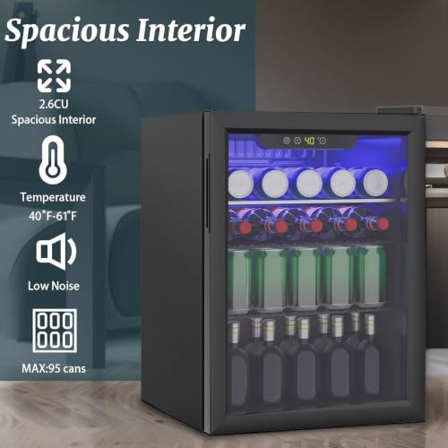 Image of DOGHLY 2.6 Cu.ft Beverage Refrigerator Cooler, 95 Can Mini Fridge with Glass Reversible Door, Digital Temperature Display for Soda, Beer or Wine For Office or Bar with Adjustable Removable Shelves