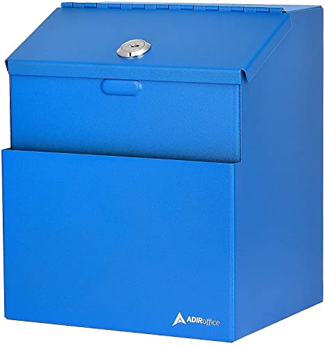Image of Adir Wall Mountable Steel Suggestion Box with Lock - Donation Box - Collection Box - Ballot Box - Key Drop Box (Blue) with 25 Suggestion Cards