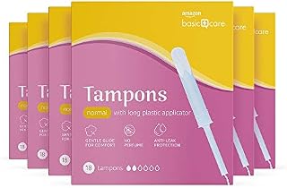 Amazon Basic Care Tampons Normal with Long Plastic Applicator, 6 packs of 18 (108 Total)