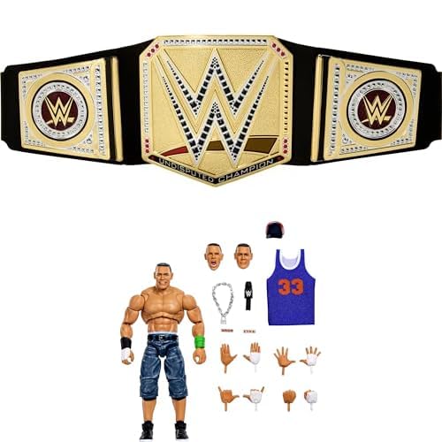 Bundle of Mattel WWE Championship Title, Undisputed WWE Universal Championship Role-Play & Costume Accessory + John Cena 6-inch Action Figure & Accessories Set