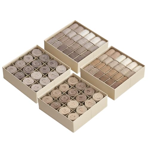 SONGMICS Unterwäsche-Organizer 4er Set, 80 Fächer (2x16+2x24), Schubladen-Organizer faltbar, Ordnungssystem Kleiderschrank, Aufbewahrungsboxen, Socken, Unterwäsche, Krawatten, sandbeige RUS011K01