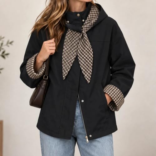Cropped Trench Coat for Women Fall Winter Jacket with Plaid Hood - image 2