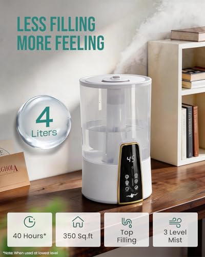 Image of Humidifiers for Bedroom,1.06Gal(4L) Dishwasher Safe Design Easy to Clean,Top Fill,Night Light,Aroma Diffuser,Humidity Control,12H Timer,Sleep Mode,3 Level Mist,360 Nozzle,Home,Nursery,Off White