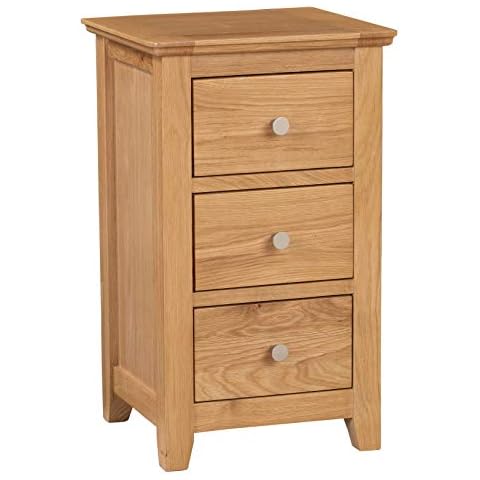 Hallowood Furniture Hereford Oak Narrow Bedside Table with 3 Drawers - Bed Side Table for in Light Oak Finish - Solid Wooden Lamp Table for Bedroom - Narrow Chest of Drawers for Living Room & Hallway Cover
