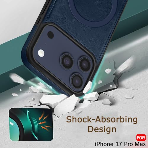 Image of TheGiftKart Genuine Leather Finish Back Cover Case for iPhone 17 Pro Max | ShockProof Design | Raised Edges for Camera & Screen Protection | Stunning Minimalist Design Cover (MagSafe Compatible, Blue)
