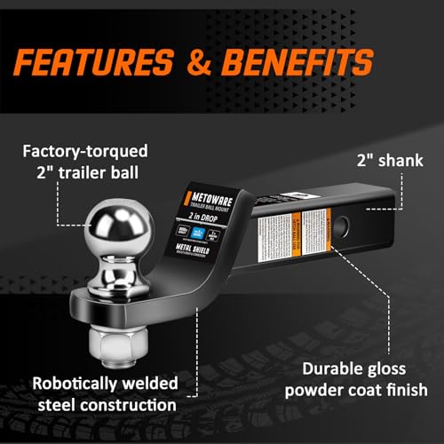 METOWARE Trailer Hitch Ball Mount, 2" Drop Hitch with 2" Ball, 6,000 lbs GTW Fits 2" Receiver for Truck SUV Boat RV, Solid Steel Towing Kit with Hitch Lock, Black by METOWARE - Image 3