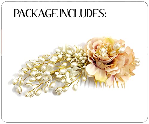 Image of Hair Flare Artificial Peony Flower with Pearl Hair Comb Slide, Hair Juda Bun Accessories, Side Hair Pin for Girls & Women, Peach, 2216