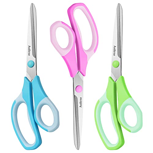 Asdirne Lot de 3 paires de ciseaux tout usage, lames ultra tranchantes en acier inoxydable, prise en main confortable, parfaits pour le bureau, l'artisanat et un usage quotidien, bleu/rose/vert Cover