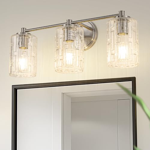 Image of DORESshop Bathroom Light Fixtures, 3-Light Brushed Nickel Bathroom Lighting Fixtures Over Mirror, Modern Vanity Lighting with Crystal Glass Shade, Wall Sconce for Mirror Bedroom Dressing Room Hallway