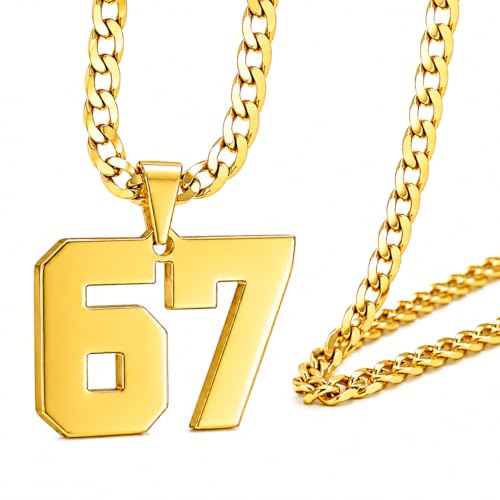 Gold 67 Chain 67 Necklace Chains Number Pendant Necklace Charm for Men Stainless Steel Basketball Soccer Baseball Team Number Pendant Chunky Chain Sport Necklace Personalized Jewelry for Women Men