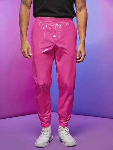 WDIRARA Men's Elastic Waist Pu Leather Pants Slant Back Pocket Solid Skinny Pants4