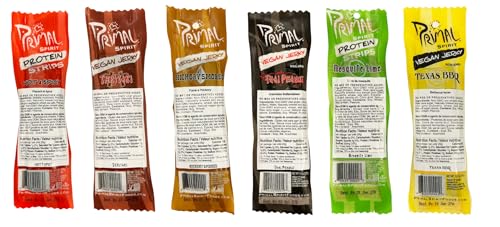 Primal Spirit Vegan Jerky - Our Sampler Pack, 10g. Plant Based Protein, Certified Non-GMO ("The Classics" Thai Peanut, Mesquite Lime, Teriyaki, Hot & Spicy, Hickory Smoked, & Texas BBQ, 12-Pack, 1 oz)