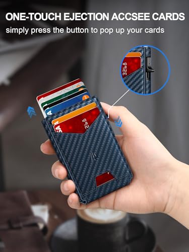 Image of Wallet for Men, Slim Minimalist Wallet with Money Clip&ID Window, RFID Blocking Pop-Up Credit Card Holder, Smart Auminum Mens Wallet Holds 9-13 Cards (Gift Box) (Blue Carbon Fiber)