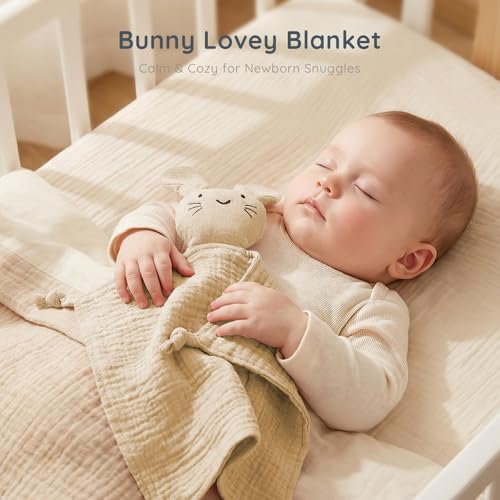 Image of Khaki Bunny Organic Cotton Muslin Lovey Security Blanket for Newborns | Soft & Breathable, Baby Gift for Boys & Girls, Self-Soothing Support, Teething Comfort