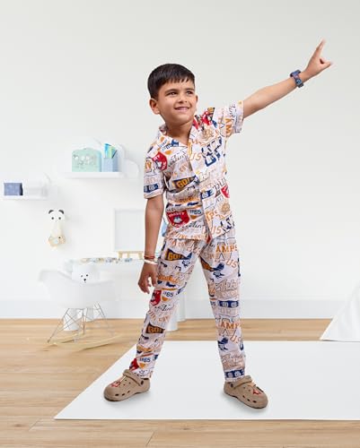 Image of 3BROS Unisex Pure Cotton Short Sleeve Kids Night Dress for Boys & Girls Nightwear /Sleepsuit /Sleepwear /Loungewear Night Suit for Boys and Girls Top and Pyjama Combo Set | JB20HS6031-Parent