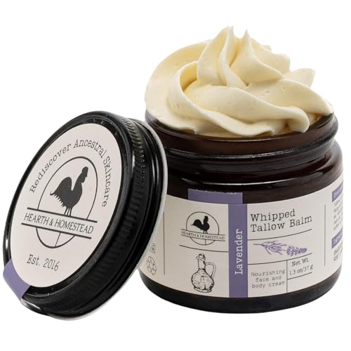 Hearth and Homestead: Handmade Whipped Tallow Balm, Organic, Moisturizer, Body Butter with Infused Olive Oil, for Eczema, Rosacea, Baby (Lavender)