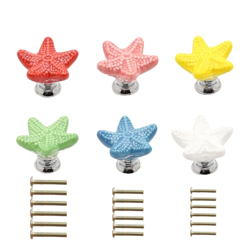 Image of 6colors, 1each Colorful Starfish Ceramic Cabinet Door Handle Wardrobe Drawer knob Dressing Tables Furniture Handle Pull (1, 6 Colors, 1 Each Including red White Yellow Green Blue Pink)