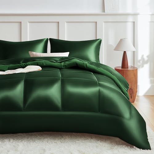 MR&HM Queen Comforter Set Dark Green, Reversible Satin Microfiber Comforter Set for All Seasons, 3 Pieces Non-Slip Silky Soft Bedding Sets with 1 Comforter (90'x90') and 2 Pillowcases (20'x26')