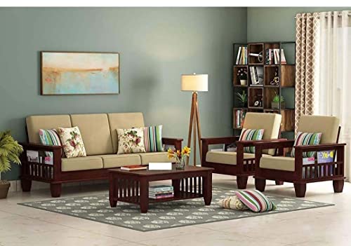 Image of Wooden Solid Sheesham Wood 5 Seater Sofa Set with Cream Cushions (5 Seater Sofa | 3+1+1, Mahogany Finish