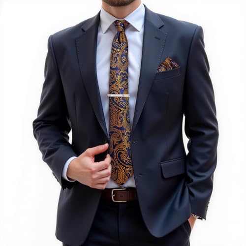 Image of DiBanGu Paisley Ties for Men Silk Necktie and Pocket Square Cufflinks Tie Clip Set Woven Classic Mens Tie for Wedding Party, Blue and Orange