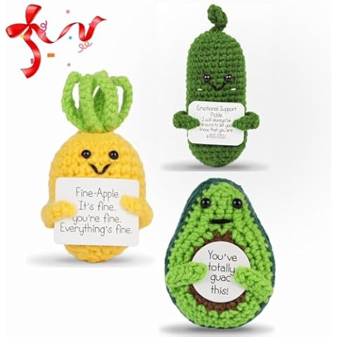 3Pcs Emotional Fine-Apple & Pickle & Avocade Gifts for Women Men Coworker Students - Emotional Cute Knitted Wool Doll with Encouraging Card for Cheer Up Gifts Birthday Party Decors Crochet Dolls Cover