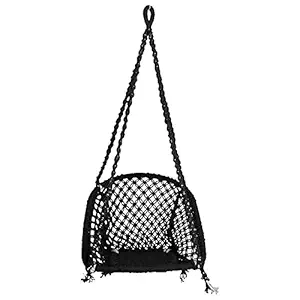 Halder Jute Handmade Regular Indoor & Outdoor & Living Room D Shape Hanging Swing Chair | Jhula | 1 Iron S Hook | 3M Nylon Rope (Cotton, Black, Size:- 70 * 65 * 150 CM)